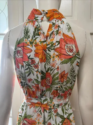 Petal&Pup Floral Halter Maxi Dress in White with Orange & Green Size 4 thumbnail 12