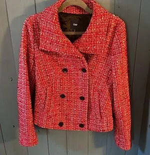 GAP Womens Button Double Breasted Short Pea Coat Blazer, Size XS Red Tweed thumbnail 1