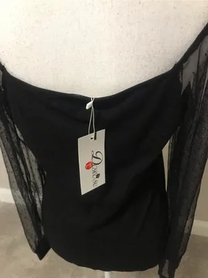 NWT Sheer Dot Mesh Sleeve Black Women's Top thumbnail 7
