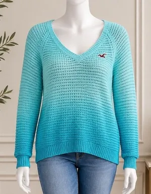 Hollister Womens Sweater Blue Ombre Dip Dye V-Neck Shaker Knit Size Small thumbnail 1