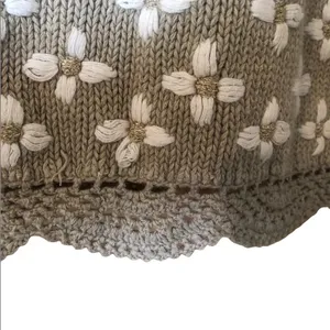 Vintage 90s Tan Floral Embroider Knit Gold poms Cottagecore Grandmacore Sweater thumbnail 11
