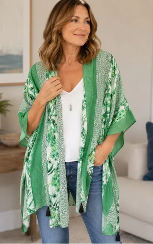 Kimono Cover Up - Open Cardigan ~ One Size ~ Green White Floral ~ Tassel Trim thumbnail 1