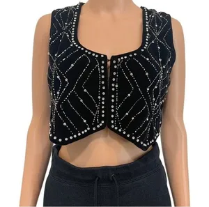 Zara XS velvet rhinestone studded beaded crop top vest TS 3374 thumbnail 1