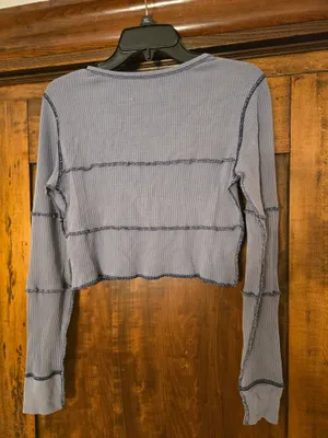 Urban Outfitters Steel Blue Long-Sleeve Waffle Crop Top thumbnail 5