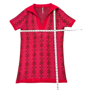 Free People Pink Red Geometric Knit Sweater Polo V-Neck Short Sleeve 70s Boho thumbnail 2