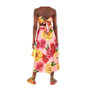 Farm Rio Chita Pink Floral Print Square Neck Tie Back Linen Midi Dress Size XS thumbnail 3