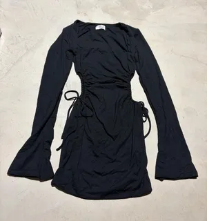 Oh Polly Black Long-Sleeve Ruched Side Tie Dress 4 thumbnail 1