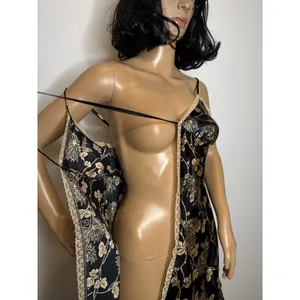 Victoria’s Secret Black Gold Floral Satin Open-Front lace trimTop Slip dress Sp thumbnail 13