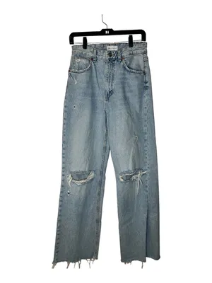 Zara TRF High Waist Wide Leg Distressed Jeans Raw Hem Light Wash US 6 EUC thumbnail 2