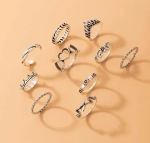 Set of 10 rings, snake, flower, heart, braid, crown, silver thumbnail 3