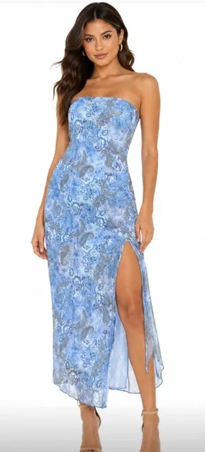 See You Monday Blue Paisley Strapless Maxi Dress with Thigh Slit thumbnail 1