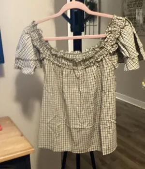 Easel Off-Shoulder Smocked Plaid Top - Beige/green thumbnail 1