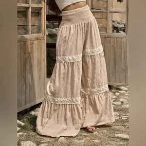 Boutique Boho Chic Crochet Lace Tiered Wide Leg Textured Palazzo Pants Coastal Cowgirl L thumbnail 6