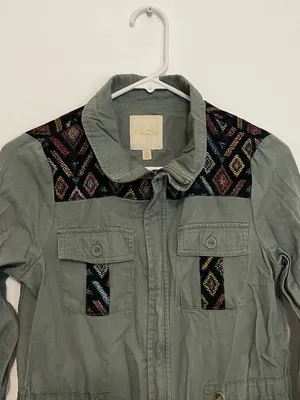 MODCLOTH Keep a Woven Mind Jacket Olive Army Green Multi Aztec Boho Embroidered thumbnail 4
