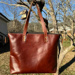 Lifetime Leather Co Brown Leather Large Tote Bag USA Handmade Zip Top thumbnail 3