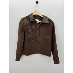 Margaret Godfrey Brown Genuine Leather Suede Floral Applique Zip Jacket Size 8 thumbnail 2