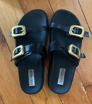 Steve Madden Margey Sandal 7.5 black double strap gold buckle thumbnail 1