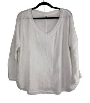 Flawless White Waffle Knit‎ V-Neck Oversized Long Sleeve Top WT8562UB Small thumbnail 1