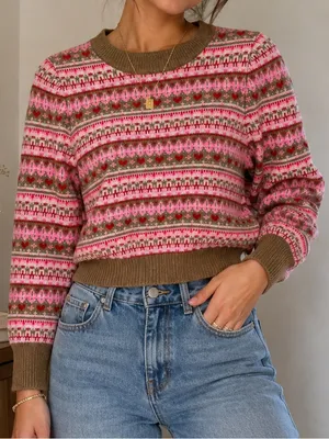 NWT J. Crew Shrunken Fair Isle Crewneck Sweater Lambswool Blend in Pink Brown M thumbnail 1