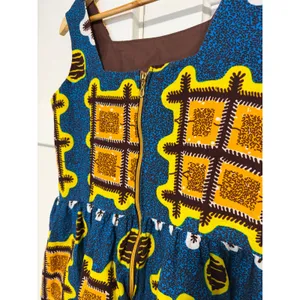 African Wax Print Fit and Flare Dress Blue Yellow Geometric Square Neck thumbnail 9