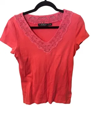 LAUREN Ralph Lauren Coral Crochet-Trim V-Neck Short Sleeve Top thumbnail 1