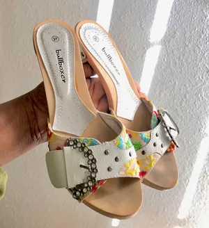 2000s vintage white and multi-coloured wooden kitten heeled sandals platforms with a floral pattern rhinestones buckle detail (Size EUR 37/ US 6.5) thumbnail 1