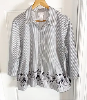 Alfred Dunner Gray Striped w/Floral Design Button Down Shirt XL thumbnail 1