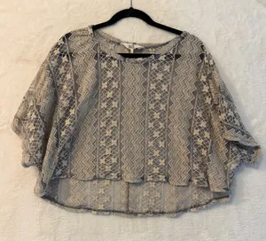 Black Poppy Womens Medium Blue Floral Lace Crop Top High‎ Low Boho Sheer Blouse thumbnail 1