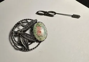 Lot Of 2 Aged Silver Tone Lapel Stick Pin & Brooch thumbnail 1