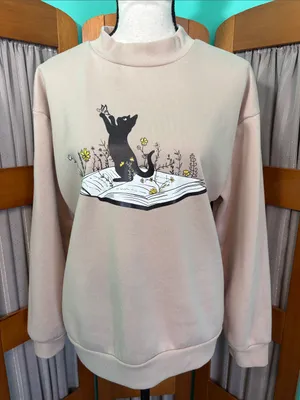 SHEIN Beige Crewneck Sweatshirt with Black Cat & Yellow Floral Graphic thumbnail 1
