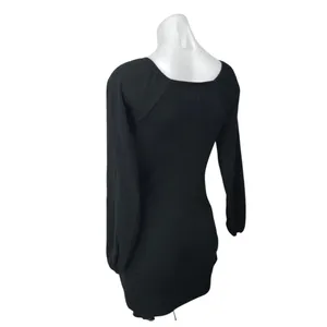 Princess Polly Black Ruched Long Sleeve Deep V Neck Mini Bodycon Dress Size XS/S thumbnail 2