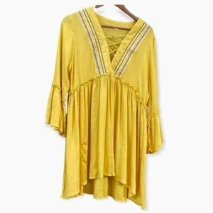 Hazel Embroidered Beach Cover Up Tunic Bell Sleeve Yellow Rayon Women's M NWT thumbnail 4