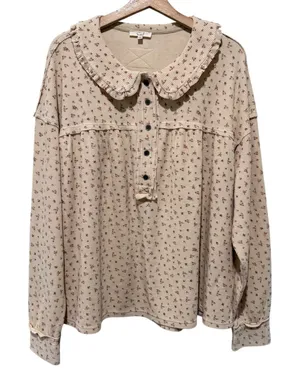 Easel Women Top Sz L Latte Ditsy Floral Knit Thermal Boho Cottage Ruffle thumbnail 1