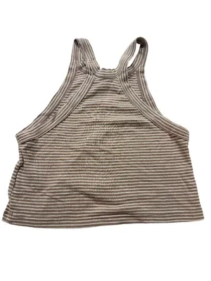 Truly Madly Deeply Tan Cream Striped Ribbed Tank Top Shirt Scoop Small Women's thumbnail 3