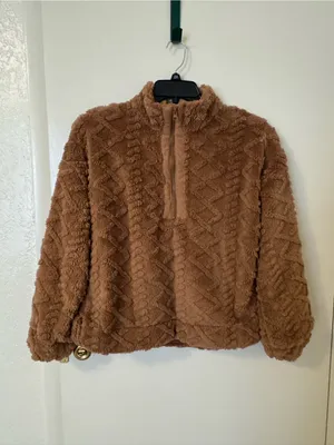 Kate Park Brown Cable Diamond Pattern Teddy Sherpa Fleece Quarter-Zip Pullover M thumbnail 2