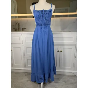 Blue Maxi Dress Womens XS Open Back Smocked Tie Ruffle Hem Boho Vacation Resort thumbnail 10