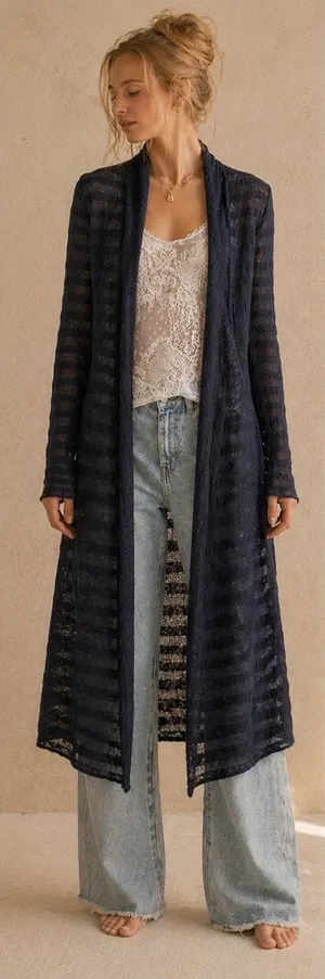 FREE PEOPLE Black Navy Striped Sweater Maxi Cardigan Duster 100% Cotton XS thumbnail 1