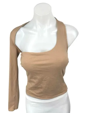 Tiger Mist Tan Beige One Shoulder Long Sleeve Stretch Blouse Crop Top Size M thumbnail 1