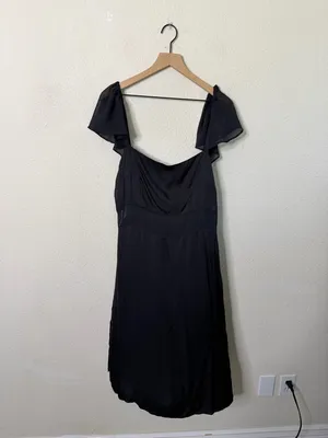 Anthropologie Sheer Flutter Sleeve Dress Silky Satin Black Women’s Size 16 thumbnail 5