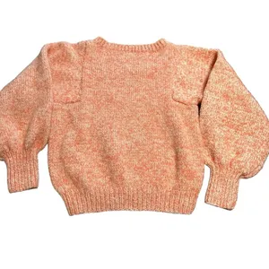 Women's XS handmade orange and cream crew knit sweater with ballon sleeves thumbnail 2