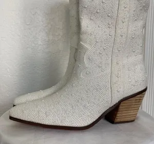 Bieoshli NWT Coquette Ivory Cream White Beaded Pearl Cowboy Cowgirl Boots US 6 thumbnail 6