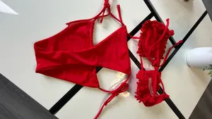 Red Boho Style Ruched Crop Top Bikini Set - Adjustable Straps - Size Small thumbnail 8