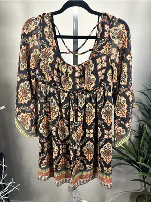 Socialite X331. Boho Paisley Peasant Mini Dress - Black with Peach Accents thumbnail 1