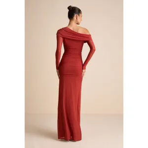 NWT Lulus Darla Rust Red Mesh One-Shoulder Long Sleeve Maxi Dress Bridesmaid S thumbnail 3