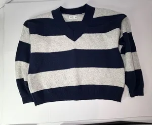 Hollister Women's Navy & Light Gray Wide-Stripe V-Neck Sweater thumbnail 1