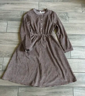 GOUGOU Brown and White Gingham Long Sleeve Midi Dress with Buttons thumbnail 1