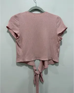 Reformation Jeans Pink Ribbed Tie Front Crop Top Size Small thumbnail 5