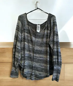 Free People Green Striped Boxy Scoop Neck Lightweight Slouchy Sweater Knit Top L thumbnail 2