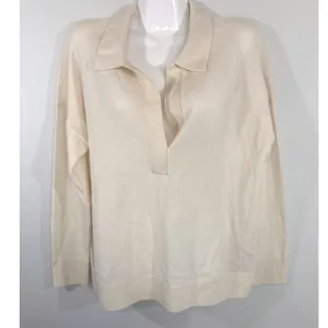 Quince Ivory 100% Mongolian Cashmere Polo V-Neck Sweater Women Large NWT Preppy thumbnail 2