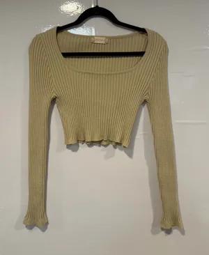 Ribbed Scoop Neck Cropped Long Sleeve Top -‎ Cream Altar’d State thumbnail 1